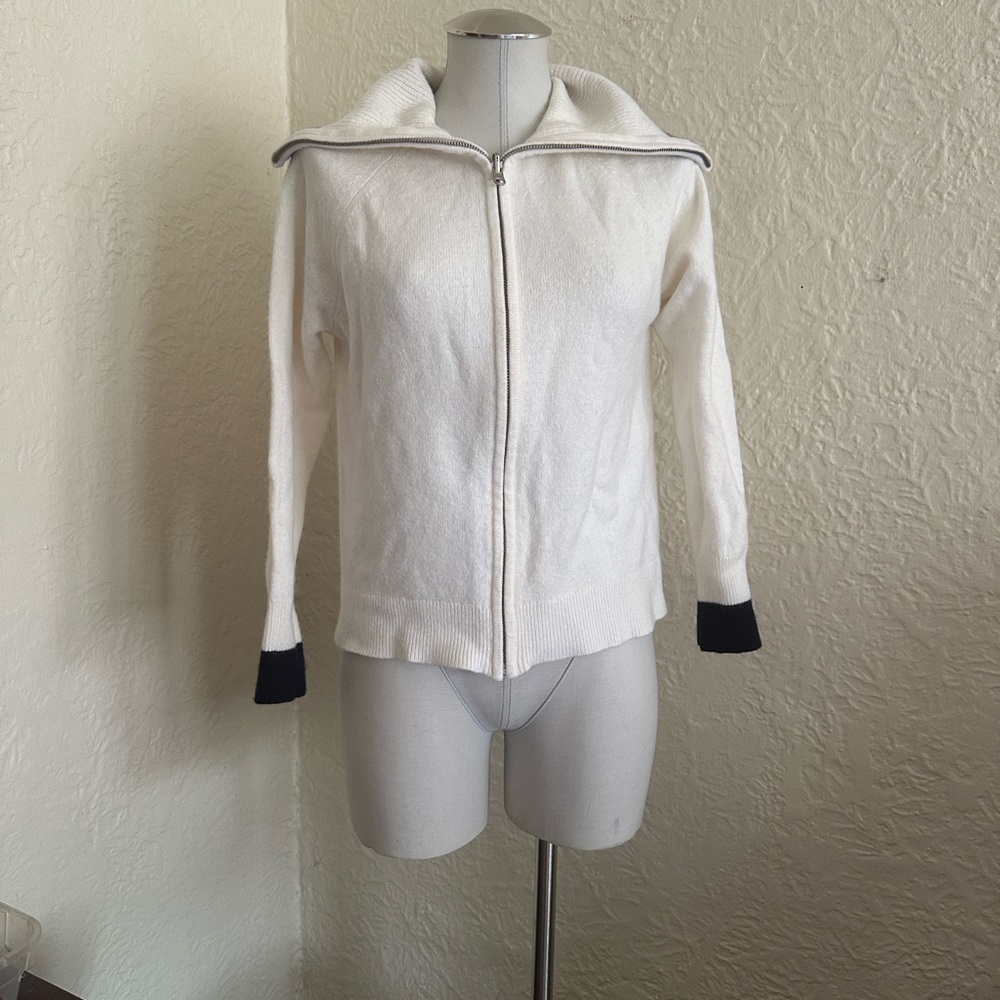 Boden Ivory White Navy Blue Trim Zip Front Sweater Wool Alpaca Cotton Warm 6